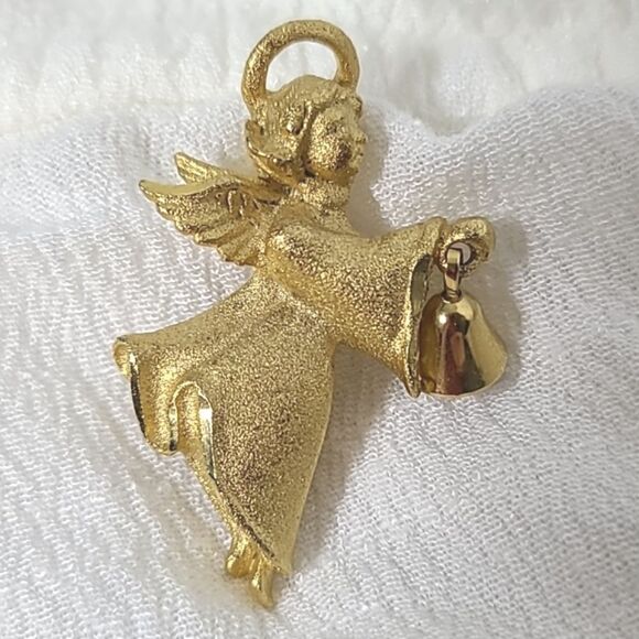 Vintage Angel Pin with Dangling Bell, Brushed Gold - Picture 1 of 3